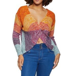 Love by Chesley Knit Cropped Colorful Boho Sweater Size Medium Deep V-neck